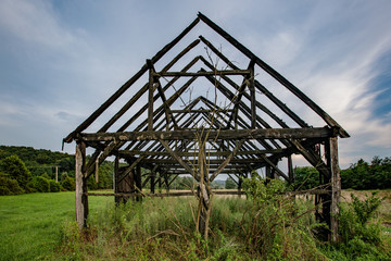 Obraz premium old burnt barn in the meadow