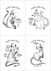 Set of four cards with hand drawn illustration with funny Rats. Greeting vector card for Happy New Year congratulations. Year of the Rat 2020. Monochrome mice vector sketch in retro style.