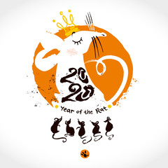 Sketch of a cute illustration of a big white rat and admirers. Hand drawn Charming Rat 2020.  Year of the Rat on the Chinese calendar.