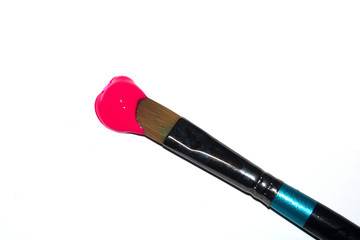 Bright Pink Acrylic Paint Stroke with Paint Brush on White Background
