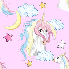 Fototapeta premium Cartoon seamless pattern. Unicorn with rainbow and clouds, designed print.