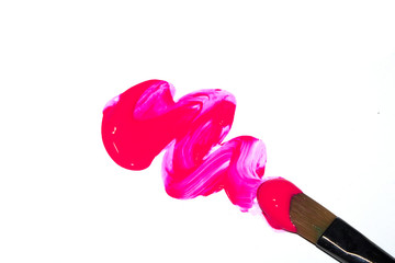 Bright Pink Acrylic Paint Stroke with Paint Brush on White Background