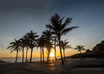 Fototapeta na wymiar Sunrise on the Arpoador boulevard with the Devils beach and silhouetted palm trees in Rio de Janeiro against a clear sky 