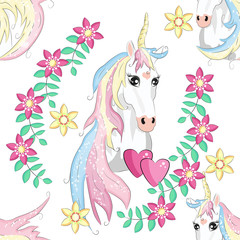 Cartoon seamless pattern. Unicorn with rainbow and clouds, designed print.