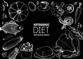 Ketogenic diet hand drawn vector illustration. Organic food diet. Good food illustration. Design elements. Hand drawn sketch. Various food frame. Organic food store concept.