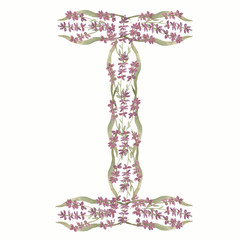 Watercolor Floral Monogram Letter I. hand drawn ABC alphabet. Wildflowers letters.