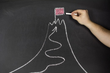 Business goal and success concept. Businessman drawing flag and mountain on chalkboard.