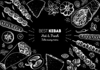 Doner kebab and ingredients for kebab, sketch illustration. Arabic cuisine frame. Fast food menu design elements. Shawarma hand drawn frame. Middle eastern food.