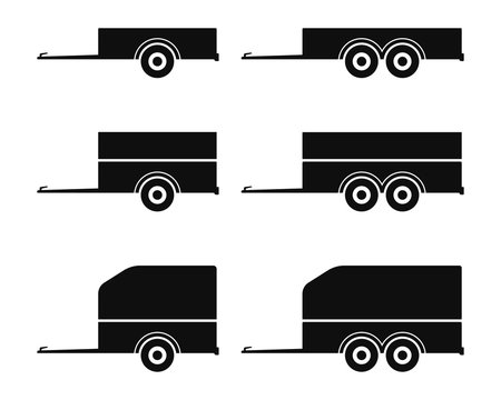 Car trailer icon set. Vector drawing. Black silhouette. Isolated object on a white background. Isolate.
