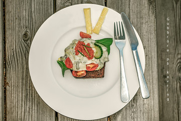 plate with saladmorning in the forest, åre, jämtland, sweden, north