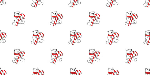 bear seamless pattern Christmas polar vector Santa Claus hat candy cane scarf isolated repeat wallpaper teddy cartoon tile background illustration doodle white design