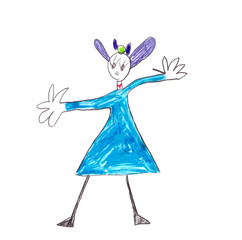 child's drawing of a girl in a blue dress with big hands
