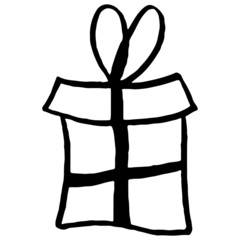 Vector black contour of christmas simple rectangular box for gift with a bow. Christmas winter illustration for children, adult coloring books.