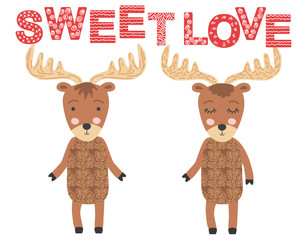 moose couple. Sweet love. Scandinavian moose, children's print, poster, design, hand drawing, quote