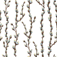 Seamless pattern with watercolor willow tree. Spring background with branch. Easter pattern with willow tree.  Festive backdrop. 