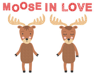 moose couple in love. Scandinavian moose, children's print, poster, design, hand drawing, quote
