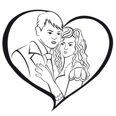 Silhouette of the newlyweds in the heart. Wedding.