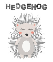 Baby print with hedgehog. Scandinavian style. Hand drawn graphic for poster, card, baby wear, nursery.