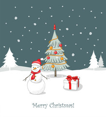 Christmas card with fir-tree, gift box and snowman