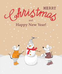 New year card with happy couple mice and snowman