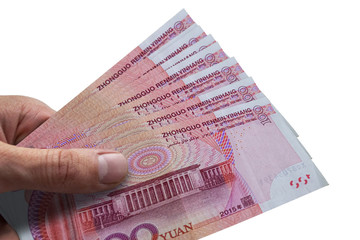 Hand holding Chinese Renminbi. RMB. Money of China.