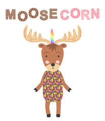 moosecorn. Scandinavian-style moose head with unicorn horn, kids print, poster, design