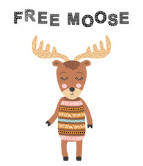Free moose. Scandinavian moose, children's print, poster, design, hand drawing, quote
