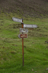 Wooden signs in Iceland to hot springs