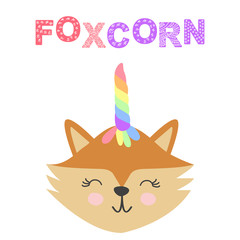 Cheerful fox unicorn fox with rainbow waving paw, child design