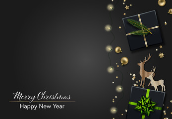 Merry Christmas and Happy New Year card. Xmas composition with bauble balls, gift boxes, fir branch and wooden deers. Winter holidays decorative border. Vector illustration