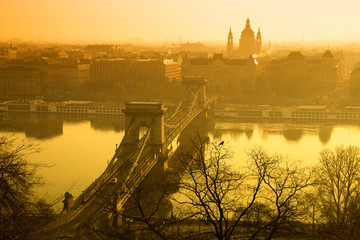 Budapest city view at sunrise with Szechenyi Chain Bridge