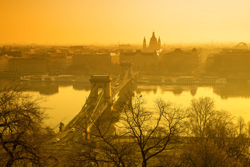 Budapest city view at sunrise with Szechenyi Chain Bridge