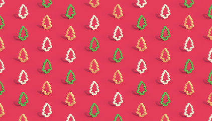 Christmas trees pattern on pastel red background. New Year concept.