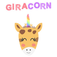 Hand drawn illustration of a cute funny giraffe with a unicorn horn, Scandinavian style flat design. Concept for children print.