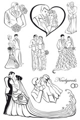 Silhouettes of the newlyweds. Wedding. Set.