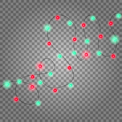 Christmas lights realistic design elements. Glowing red and green lights for Xmas Holiday cards, banners, posters, web design. Garlands decorations.laying Led lamps. Vector illustration