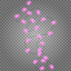 Valentines day lights isolated element. Glowing bulb flatlay for banner. Pink garlands for greeting card, invitation template. Happy valentine's day decor string lights. Heart shape pink lights