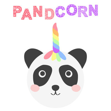 Pandacorn. Cute panda with a unicorn horn in the color of the rainbow. illustration in the Scandinavian style.