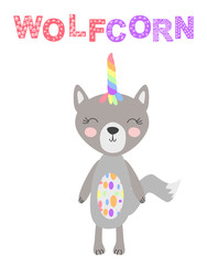 grey wolf-unicorn isolated on white background. Concept for children design, baby shower card. Cute forest animals in scandinavian and folk style.