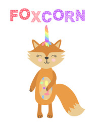 Cheerful fox unicorn fox with rainbow waving paw, child design