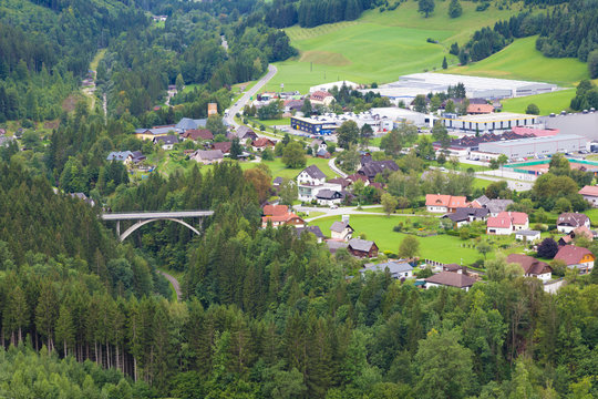 Mountain village, view from above. Sankt Gallen,  Styria, Austria.