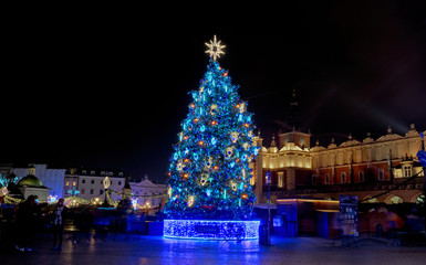 Colorful Christmas Krakow. Christmas tree in the central city square