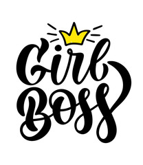 Hand sketched Girl Boss T-shirt lettering typography with crown. Drawn inspirational quotation, motivational quote. Fortune logotype, badge, poster, print, tag.  Vector illustration.