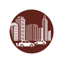 Car on the road over city background. Man driving the white hatchback. Vector illustration. Flat design, without gradients.