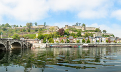 Meuse river with Jambes bridge and Citadel of Namur fortress on the hill, Namur, Wallonia, Belgium
