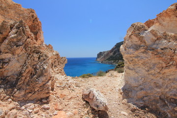 Landscape view of turqouise blue water in Milos, Greece