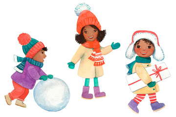 Watercolor black skin little girls  and funny black skin boy with snowball isoleted on white background. Winter characters, kids.  Winter outside kid's playing. Merry Christmas and Happy New Year.
