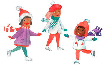 Watercolor black skin little girls  and funny black skin boy skates on ice isoleted on white background. Winter characters, kids.  Winter outside kid's playing. Merry Christmas and Happy New Year.