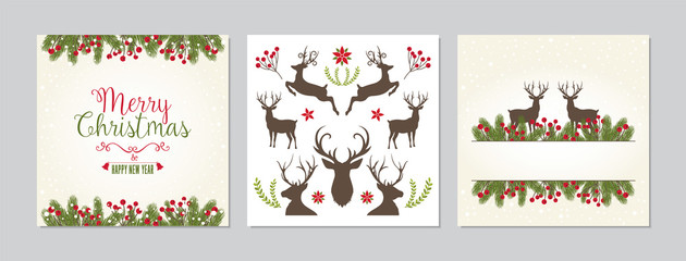 Fototapeta premium Merry Christmas square cards set with deers and greetings. Doodles and sketches vector Christmas illustrations.