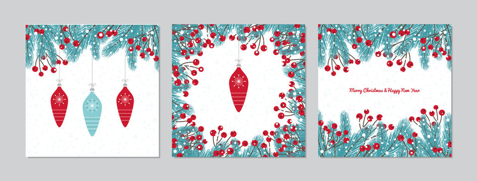 Merry Christmas square cards set with fir branches and baubles. Doodles and sketches vector Christmas illustrations.